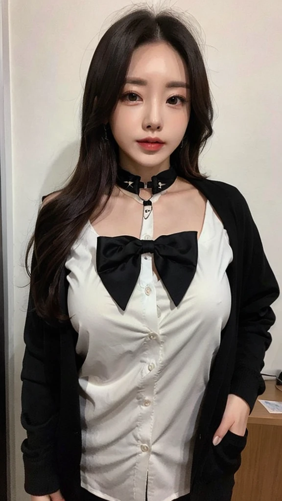 A woman with a black and white bow tie around her neck, a black jacket over her shoulders, and a white shirt, topless, casual hair, at office