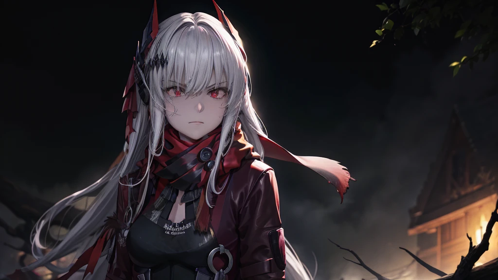 ​masterpiece, best quality, 1 Frau, adult, female focus, alone, dark-black hair, shining red eyes, Long hair, looking down at viewer, closed mouth, Fantasy aesthetics, Fantasy-Ohrring, muito detalhado, shadowverse style, dark forest background, In the dark forest, Elfenohr, Drow, Black Crimes, black scarf around the neck