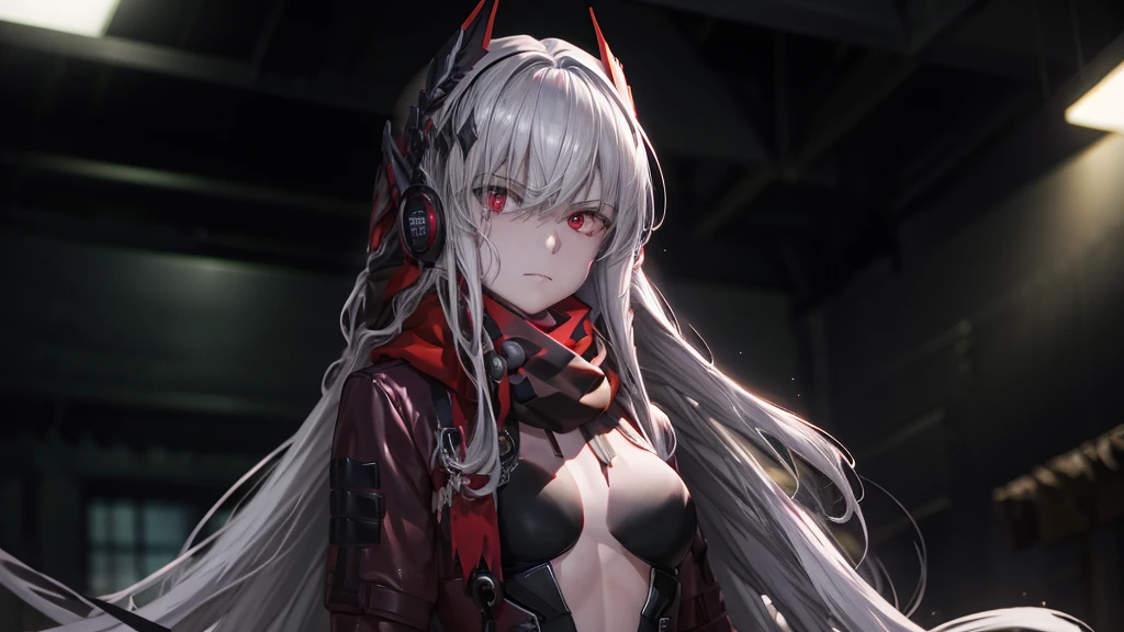 ​masterpiece, best quality, 1 Frau, adult, female focus, alone, dark-black hair, shining red eyes, Long hair, looking down at viewer, closed mouth, Fantasy aesthetics, Fantasy-Ohrring, muito detalhado, shadowverse style, dark forest background, In the dark forest, Elfenohr, Drow, Black Crimes, black scarf around the neck