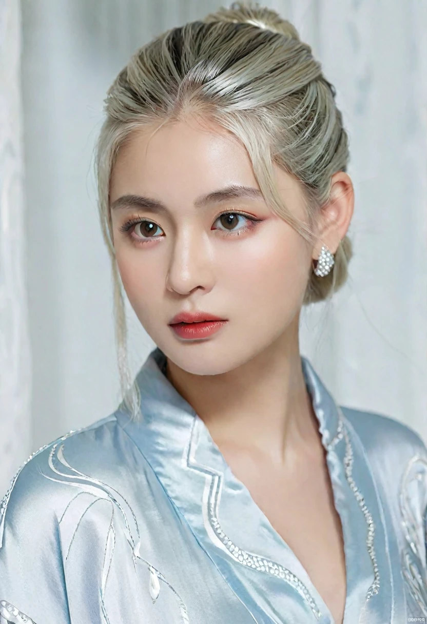 (Highest quality, masterpiece:1.2), Ultra-high resolution, Realistic, Front lighting, Exquisite detail, Exquisite detail and texture, One girl, alone ,(young), Facial highlights, Upper Body, Detailed face, Teardrop Mole, white skin, Silver Hair, ponytail, Braid, View your viewers, Big eyes, silk robe, (Hollow pattern, white, silk), Earrings, Small breasts, The body is slim, Luxurious Room, Professional Lighting, Photon Mapping, Radio City, Physically Based Rendering,