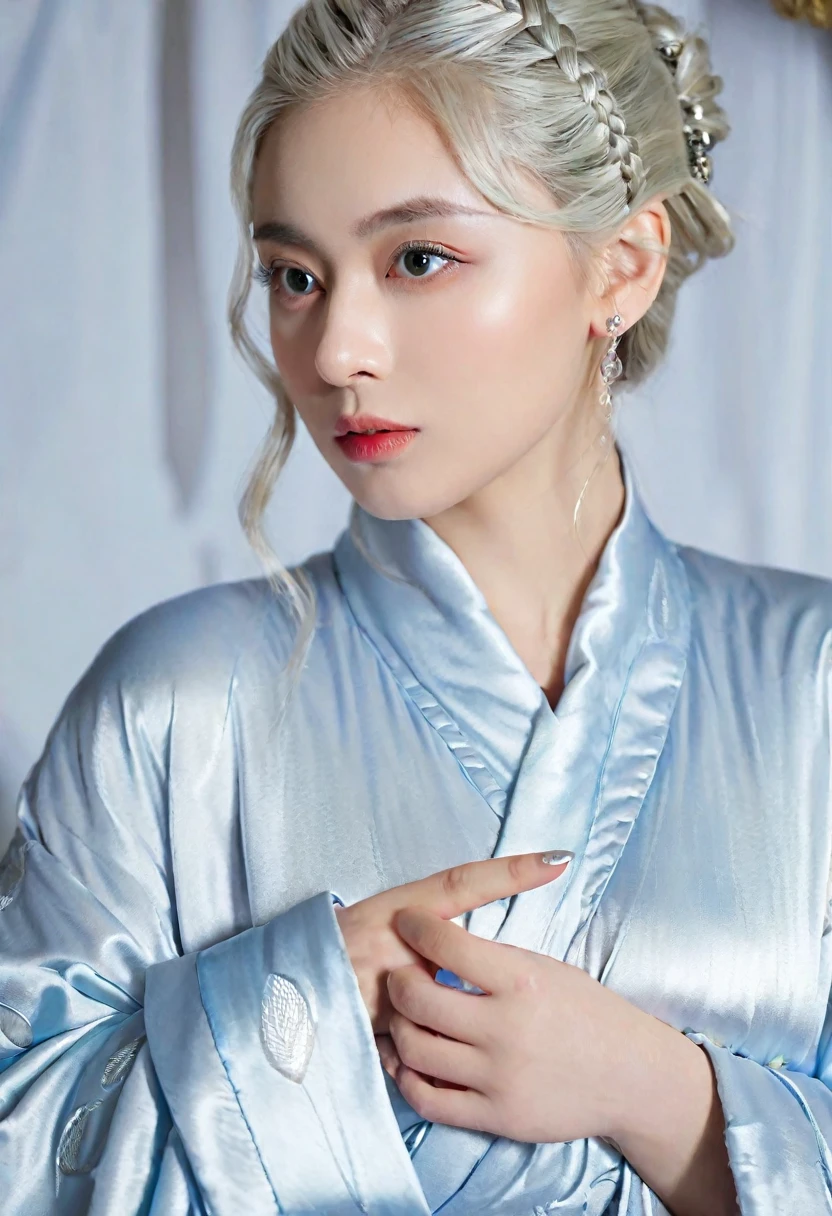 (Highest quality, masterpiece:1.2), Ultra-high resolution, Realistic, Front lighting, Exquisite detail, Exquisite detail and texture, One girl, alone ,(young), Facial highlights, Upper Body, Detailed face, Teardrop Mole, white skin, Silver Hair, ponytail, Braid, View your viewers, Big eyes, silk robe, (Hollow pattern, white, silk), Earrings, Small breasts, The body is slim, Luxurious Room, Professional Lighting, Photon Mapping, Radio City, Physically Based Rendering,