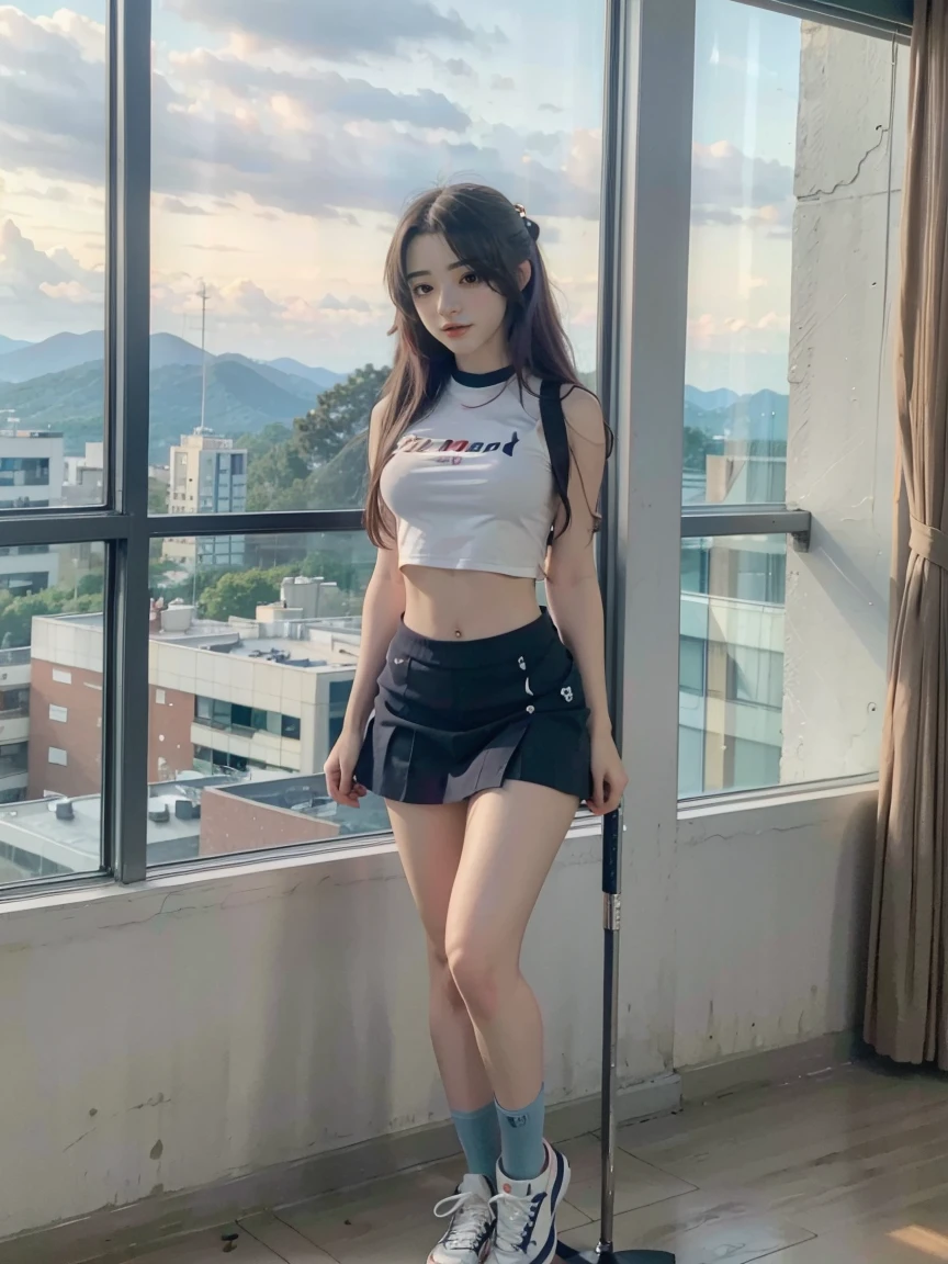 (1 lady), The beautiful, (Best quality at best:1.4), (ultra - detailed), (extremely detailed CG unified 16k), ((masterpiece)), ((best quality)), ((highres)), ((detailed background)), solo, gym woman body, natural lighting, sunset, (ichinose kotomi, amazingly attractive, perfect body), clannad uniform, blue skirt, black socks, hair ornaments, RAW UHD 8k photography, tarankaaa, not Dasha Taran, 1girl blueish purple hair, library background, hyper realistic, realistic cinematic face, head to feet long wide zoomed out view, full body long view, photorealistic, gorgeous, extremely beautiful face, perfect model beauty, (amazing legs, strong legs, athletic legs), combat boots, clear and well-cared skin