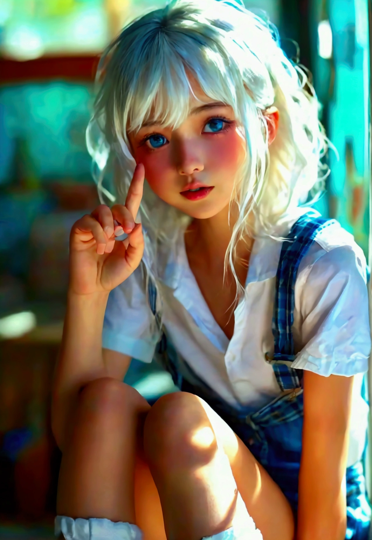 A girl,Loose hair,The facial features are beautiful and beautiful,White skin,Wear a white suspender top,Navel,Blue denim shorts,Wearing a blue plaid shirt,Wearing medium-length white socks,Wear white board shoes,One finger pointing at his lips,The other hand is open,One leg cocked up