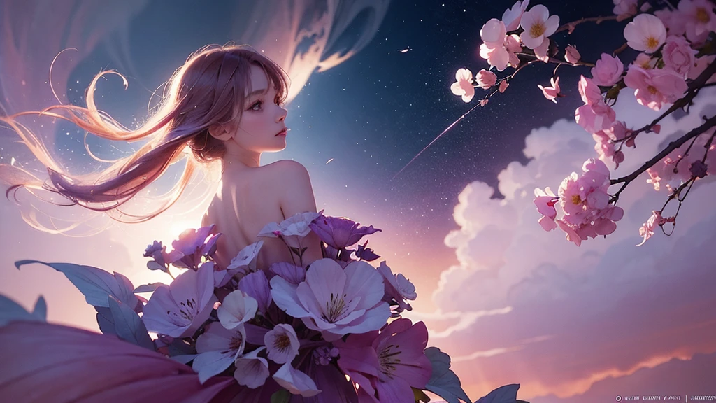 One girl,flower, Lisianthus ,Pale pinkと淡い青のスタイル, A dreamy, romantic piece, Pale pink, Mysterious Leaves, A playful arrangement,Fantasy, High Contrast, Ink strokes, explosion, Exposure, Impression of purple and red tones , Abstract, ((Watercolours by John Berkey and Jeremy Mann )) Brush strokes, Negative Space,