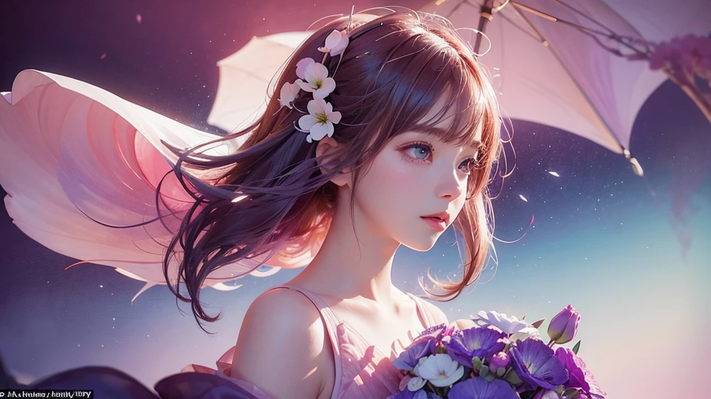 One girl,flower, Lisianthus ,Pale pinkと淡い青のスタイル, A dreamy, romantic piece, Pale pink, Mysterious Leaves, A playful arrangement,Fantasy, High Contrast, Ink strokes, explosion, Exposure, Impression of purple and red tones , Abstract, ((Watercolours by John Berkey and Jeremy Mann )) Brush strokes, Negative Space,