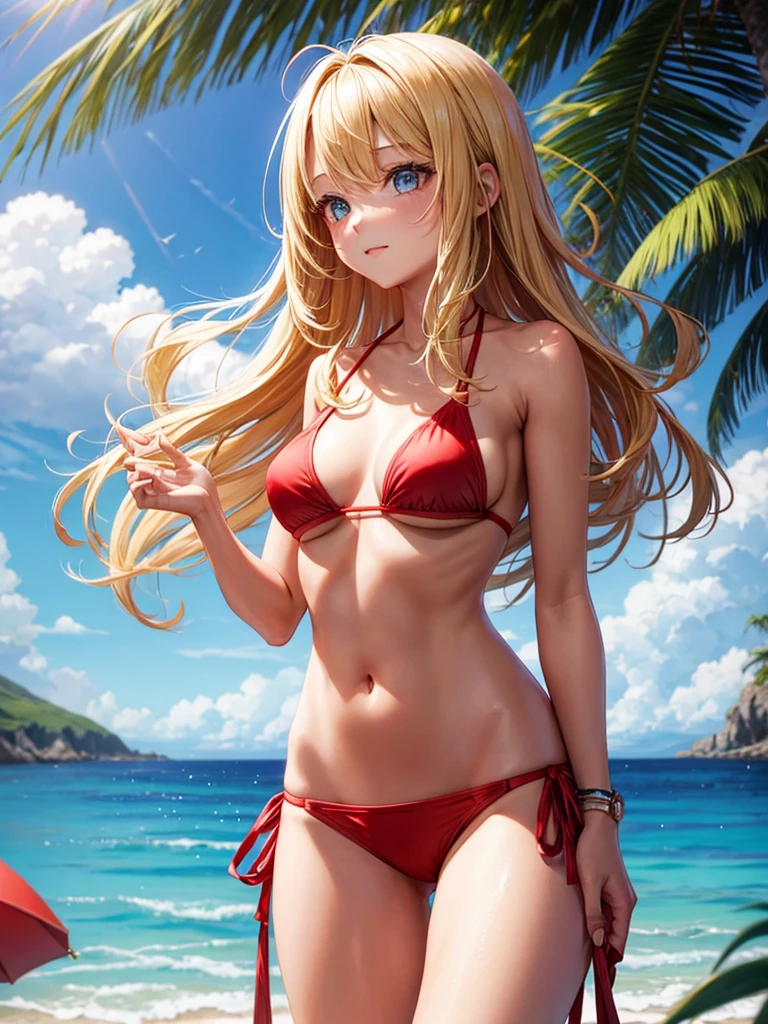 Beautiful girl, blonde hair, beach, red bikini