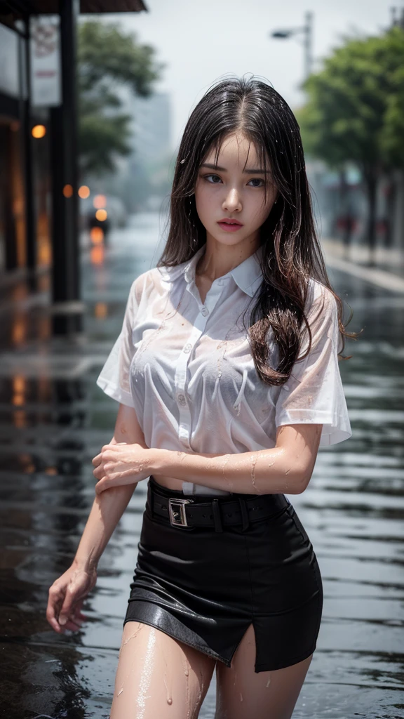 (RAW shooting, realistic:1.5, 8K, Highest quality, Masterpiece, Ultra high resolution), Perfect dynamic composition:1.2, Night street corner of modern city, expression of sadness:0.5, heavy rain:1.3, Highly detailed skin and face:1.2, one Slim lady wet in the rain:1.3, white skin:1.2, perfect style:1.2, beautiful and beautiful:1.1, Very beautiful face:1.2, water droplets on the skin:1.2, water drops on face:1.4, (rain drips all over my body:1.2, wet body:1.2, Wet hair:1.4, The black tight skirt was wet..:1.5, A wet white short-sleeved shirt:1.4), Brown suede belt:1.4, Black bra under white shirt:1.5, (cry, Heartbreak, The expression on your face when you touch hard., Facial expressions when feeling pleasure), (beautiful eyes, Eyes that give a feeling of elegance and beauty:0.8), (Too erotic:0.9, Fascinating:0.9), upper body, close up, rain:1.4, metal shirt buttons:1.2, Fashionable smooth metal belt buckle:1.4, at night:1.2, Thai University Uniform, at night:1.3, stand, rain foreground and background:1.4, standing:1.2