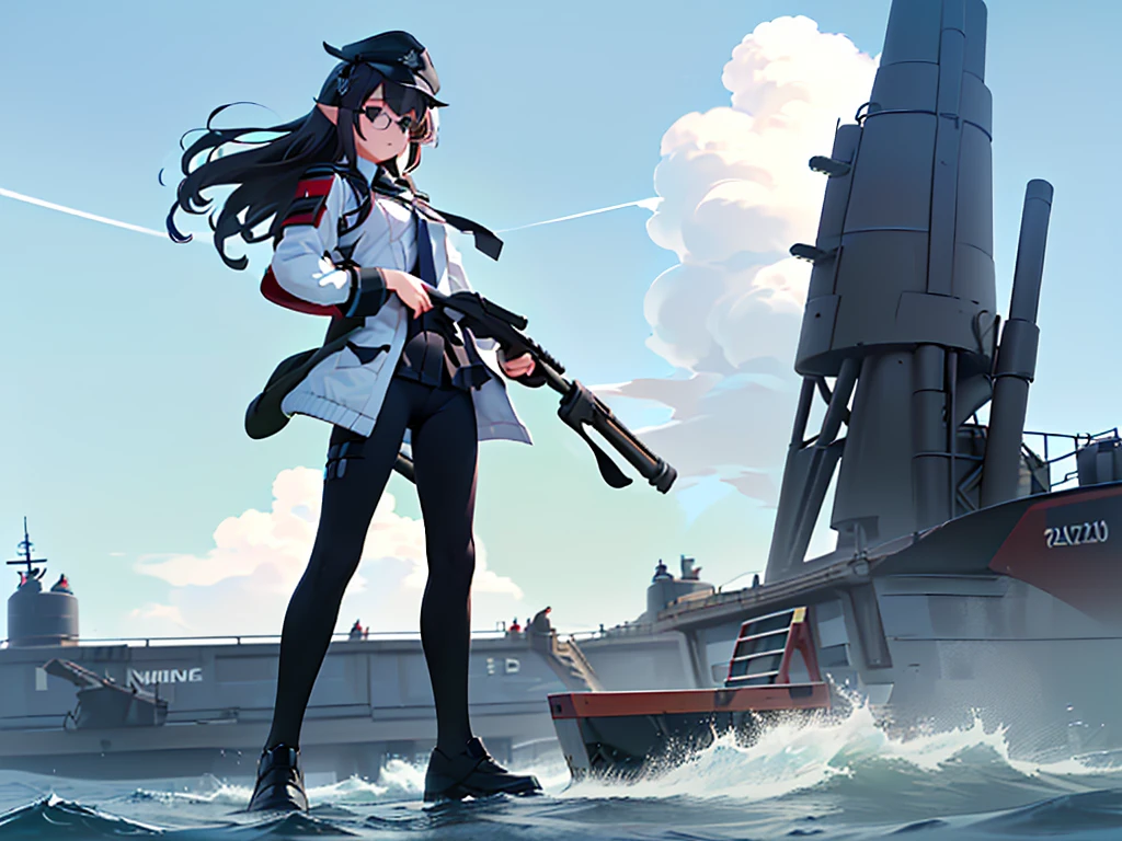 (((masterpiece, Vision))), ((((Full body of a woman with perfect flat chest、1 Female、solo、Short unkempt black hair、Tie your messy hair at the nape of your neck、white military jacket、Miko costume、black tights、Black glasses are black、White military cap、Cloudy black eyes、Confused eyes、Junyo-inspired emblem)))), (((Shipgirl))), ((Floating on the morning sea with both feet)), (Standing with your legs apart)), Aim, (Hold the shotgun turret grip with your right hand), (Four mechanical tentacles covered in white armor extend from its back.), (Holding a shotgun with metal tentacles), (Equipped with a bridge on the back), (His left arm holds the grip of a triple-barreled shotgun),