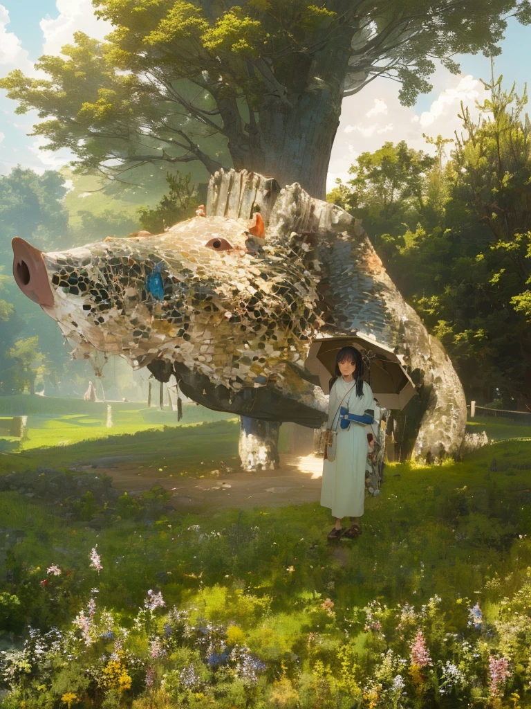 (In 8K、Highest quality、masterpiece:1.2)、(Realistic、Photorealistic:1.2)、there is a woman standing in front of a Sculpture of a fish, giant pig, myself, giant Sculpture, giant alice in wonderland, Rachel Lekitt, Photos taken in 2020, Sculpture!!, Tardigrade statue in the forest, 素晴らしいmasterpiece, 美しいmasterpiece, Strange works of art, 素晴らしいmasterpiece, plastic