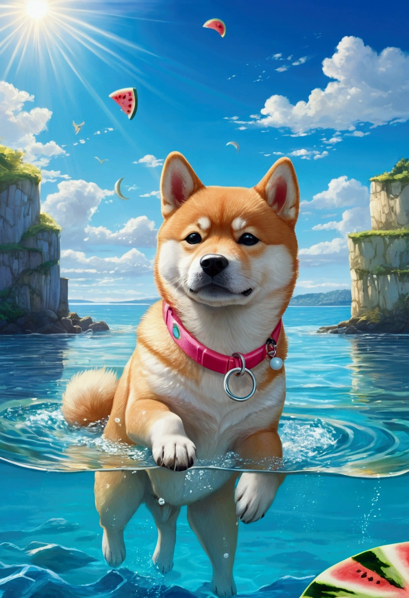 新Ocean誠テイスト:1.1, Beautiful sky,(Shiba Inu Puppy, Detailed eyes, ),Romantic Landscape, Healing scenes, Light pours in,hope, Bright summer sunshine,Ocean, watermelon, Swim ring,