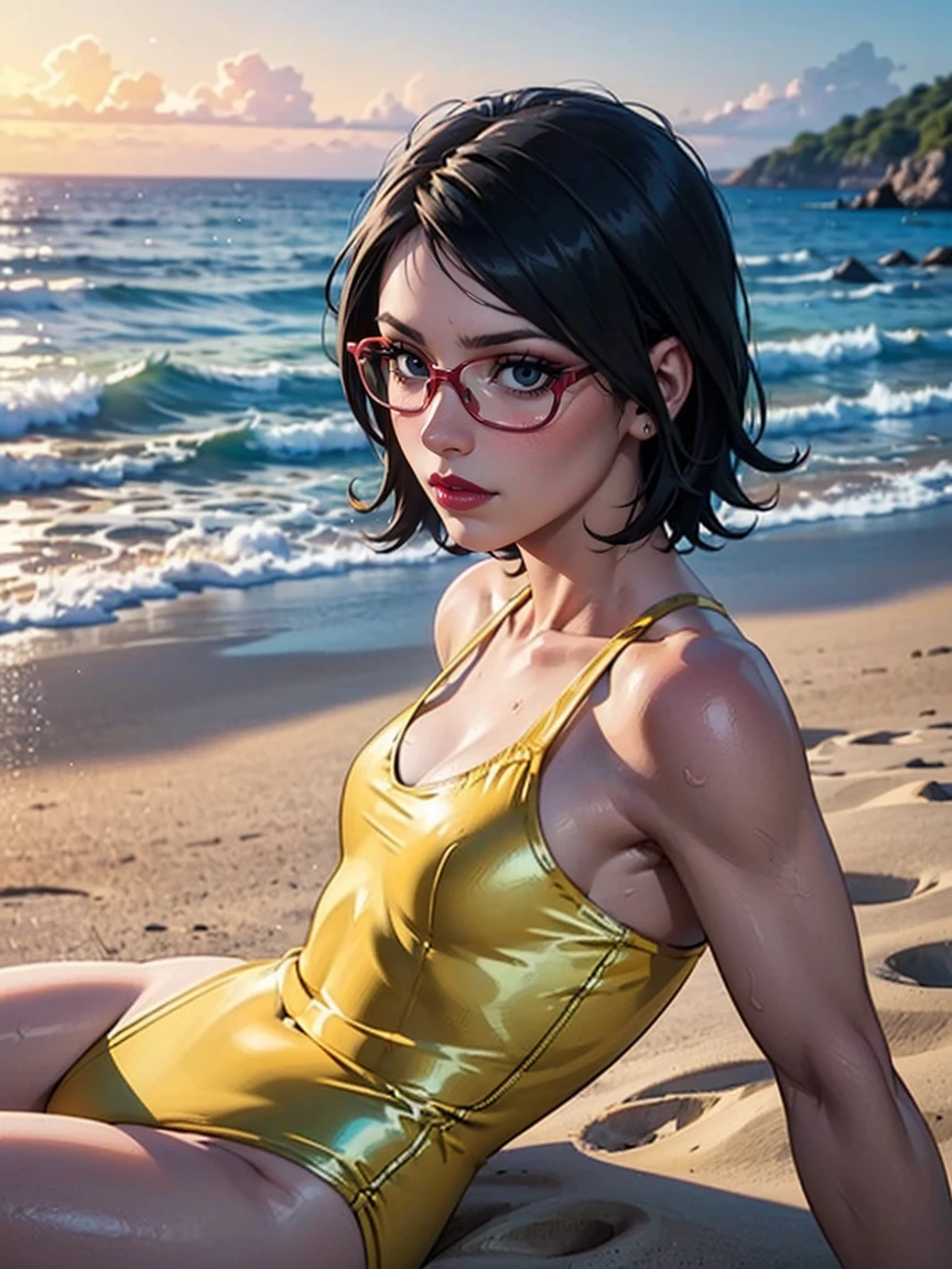 (1girl, solo, alone), (WakatsukiRisa, Sarada Uchiha, black hair, short hair, black eyes, red glasses), ((solo, (1woman, (small bust),pink lipstick, black eyes), Extremely detailed, ambient soft lighting, 4k, perfect eyes, a perfect face, perfect lighting, a 1girl)), ((fitness, shapely body, athletic body, toned body)), ((araffe woman, alpha woman, in a yellow and blue swimsuit, yellow and blue bathing suit, laying on the beach, brazilan supermodel, laying on sand, on the sand, in a gold one piece swimsuit, by derek zabrocki, posing on a beach with the ocean, tanned ameera al taweel, art masterpiece, by Olivia de Berardinis, real photoshoot queen of oceans))