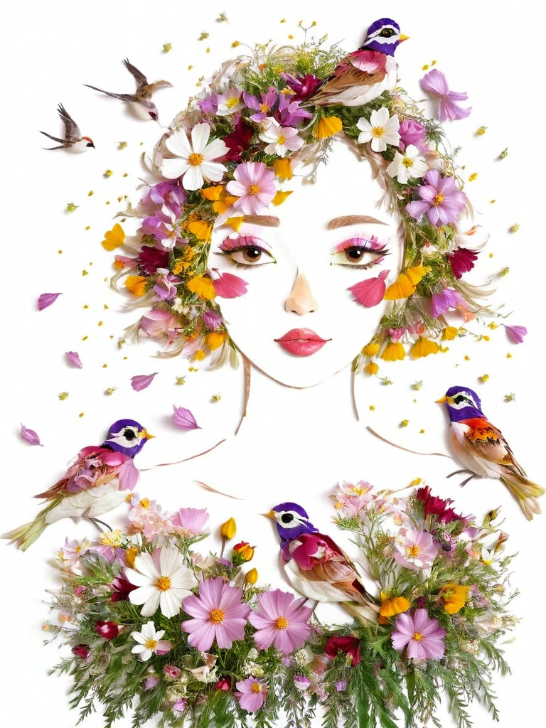 Fall Leaf Crafts, A girl made of flowers and birds, Cosmos、birdie、 Portraiture, White Background、