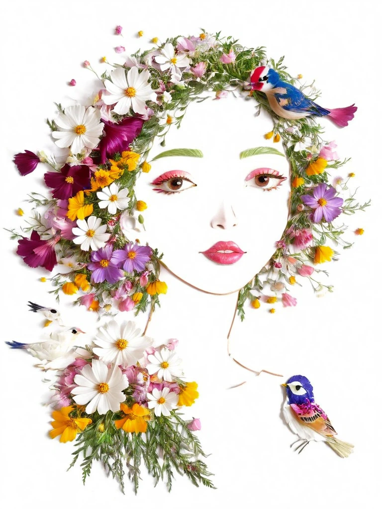 Fall Leaf Crafts, A girl made of flowers and birds, Cosmos、birdie、 Portraiture, White Background、