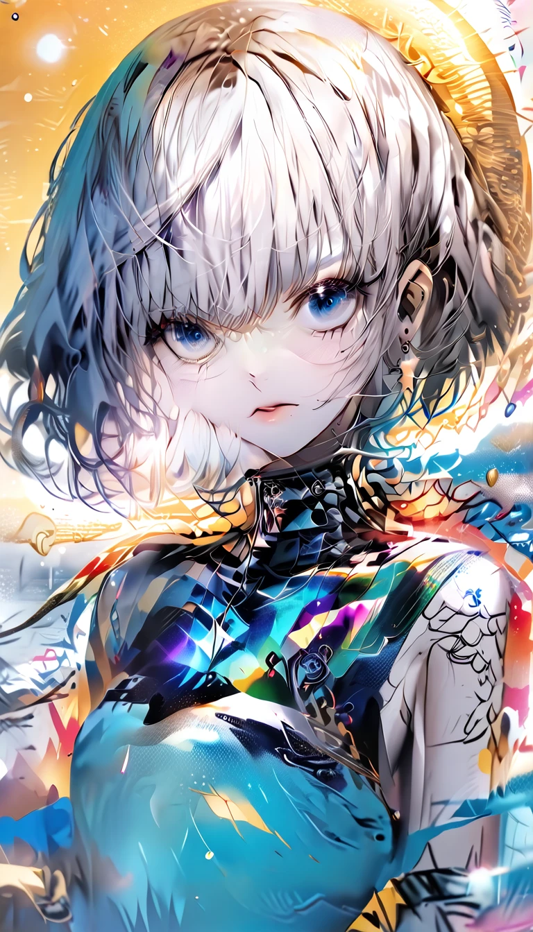 ((Bluish silver bob))) Square frame glasses、 (((Sparkling blue eyeid-chest)、((Separate swimsuit))(Background sunset beach)