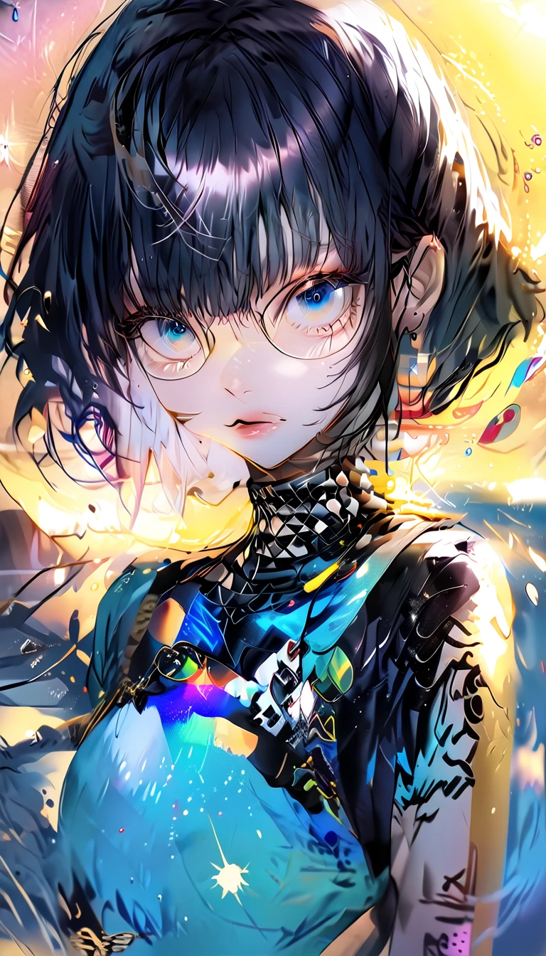 ((Bluish silver bob))) Square frame glasses、 (((Sparkling blue eyeid-chest)、((Separate swimsuit))(Background sunset beach)