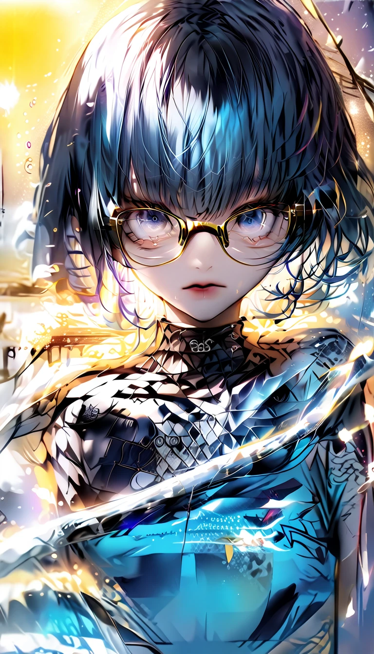 ((Bluish silver bob))) Square frame glasses、 (((Sparkling blue eyeid-chest)、((Separate swimsuit))(Background sunset beach)
