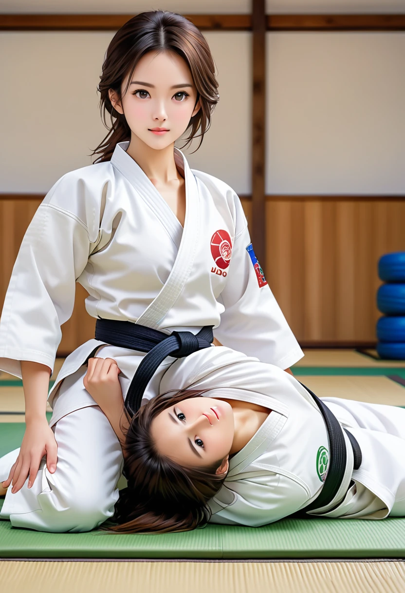 ((Match ring in the gym, two beautiful women competing in a judo ring on a tatami mat:1.2)), hole body, (((Judo stance:1.2))), slim body line, Small and slim figure, (small breasts, Decollete), ((Wearing a formal judo uniform:1.3, black belt)), ((detailed eyes and face:1.2, Professional photography techniques)), (highest quality, 8K, masterpiece:1.2, RAW photos), (realisti:1.3), (detailed hands) submission hold techniques