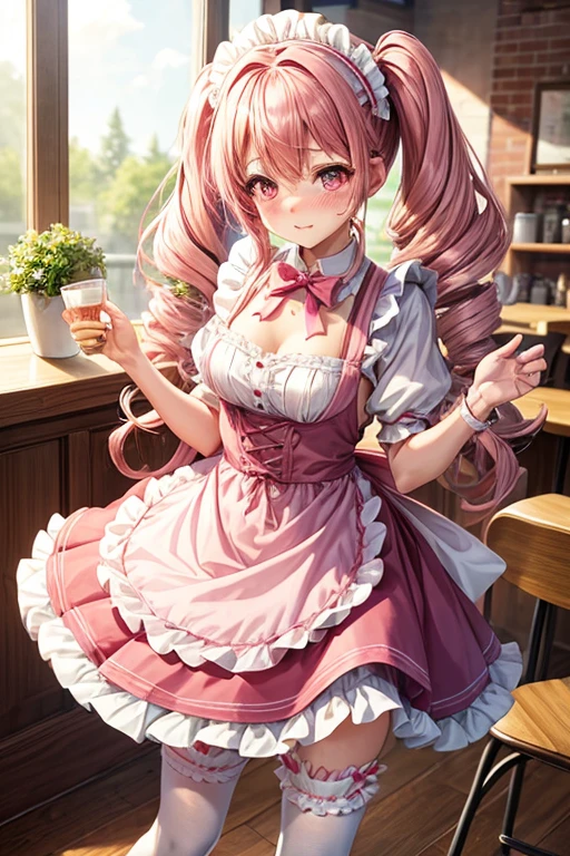 One girl,Cafe Waitress,Pink Hair,Twin tails,big tail,Curly Hair,Pink Lolita Maid,apron,Pink Eyes,blush,Embarrassed face,Girl with small,Small breasts,