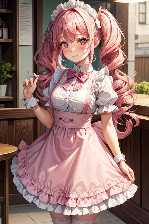 One girl,Cafe Waitress,Pink Hair,Twin tails,big tail,Curly Hair,Pink Lolita Maid,apron,Pink Eyes,blush,Embarrassed face,