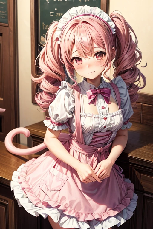 One girl,Cafe Waitress,Pink Hair,Twin tails,big tail,Curly Hair,Pink Lolita Maid,apron,Pink Eyes,blush,Embarrassed face,Girl with small,Small breasts,