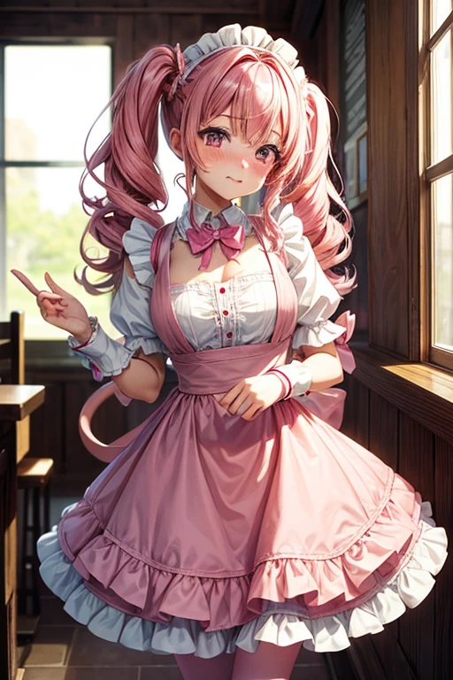 One girl,Cafe Waitress,Pink Hair,Twin tails,big tail,Curly Hair,Pink Lolita Maid,apron,Pink Eyes,blush,Embarrassed face,