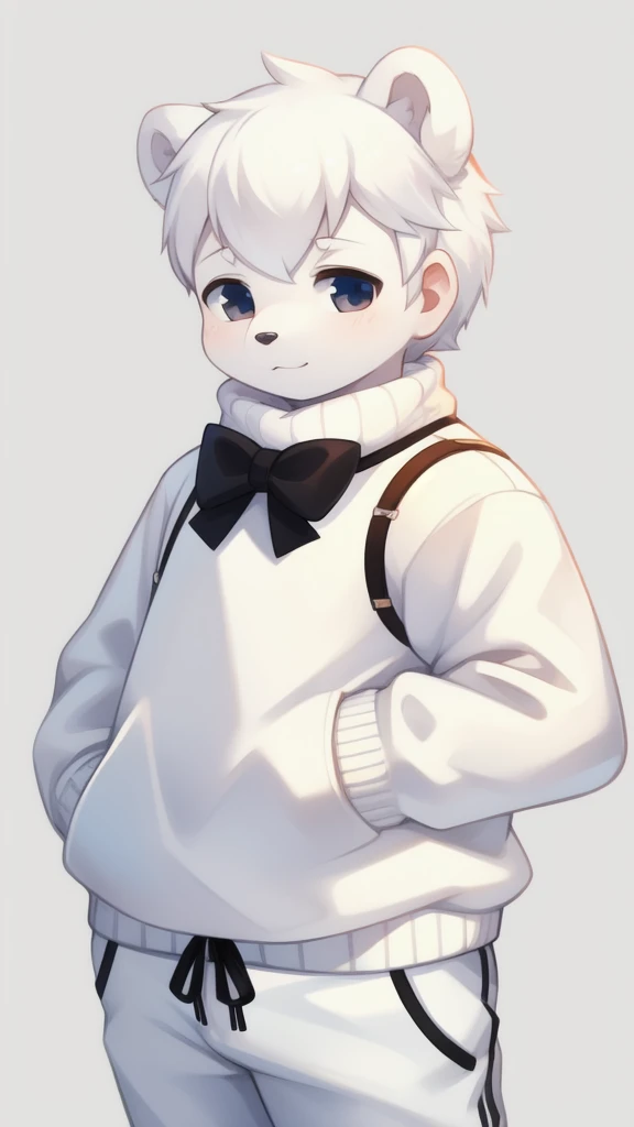 Create a cute little polar furry boy with a white sweater with a black bow on the neck, white pants and with some qualities with human beings, make it but a little short so that it looks like a person but albino with a bear&#39;s tail and nose