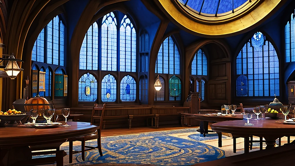 masterpiece,Highest quality,Realistic illustrations,Classic,Fantasy Full HD,Circular Room,Wide々,Arched Windows,I see the stars,Domed star-patterned ceiling,Dark navy blue carpet,Blue and bronze silk hangs on the walls,machine,Chair,Book棚,Quill pen,Book,Luna Lovegood «Ravenclaw Common Room» «Harry Potter Movie World»
