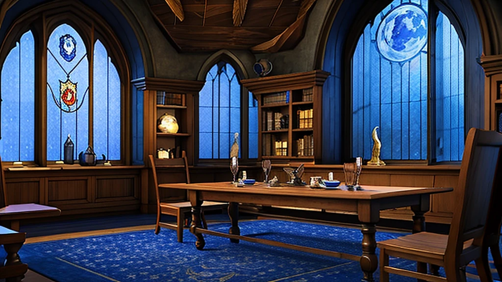 masterpiece,Highest quality,Realistic illustrations,Classic,Fantasy Full HD,Circular Room,Wide々,Arched Windows,I see the stars,Domed star-patterned ceiling,Dark navy blue carpet,Blue and bronze silk hangs on the walls,machine,Chair,Book棚,Quill pen,Book,Luna Lovegood «Ravenclaw Common Room» «Harry Potter Movie World»
