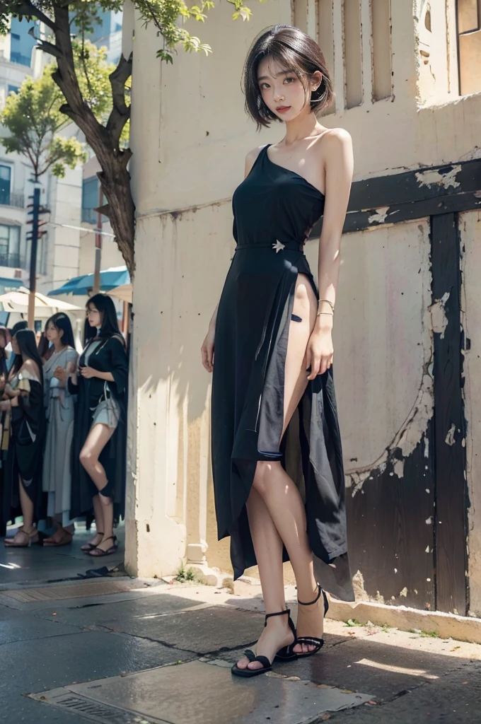 (((best quality))),(((Extremely detailed))),(((masterpiece))),illustration,1 Girl,Slim,Active Cotton Dress,Short straight hair,flat chest,permanent, Bustling city streets,Surrounded by a crowd, rich and colorful,Enjoy the sights and sounds,(Dark black skin:1.5),(Day scene:1.3),whole body,Standing,Place your hands at your sides,Sunlight,Long legs,sandals,Sunlight