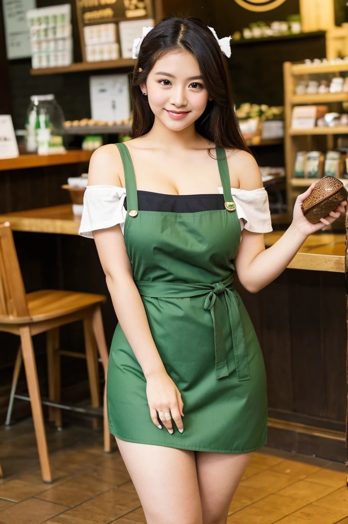 Cool Indonesian girl beauty, looks cute, does her hair. wearing only dark green starbucks apron, off-shoulder, show clavage, (showing big thighs, curvy body), big breasts, full body photo, sitting on the floor. At the coffee shop.
