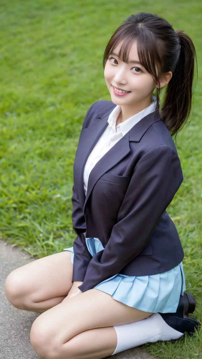 high detail、high quality、8K Photo、Anatomically perfect body、Japanese high school girls、One beautiful girl、smile、In uniform、(Brown blazer、Blue checked pleated skirt、Navy blue knee socks、Brown Loafers、青いリボンネクタイ、ponytail、Double eyelids、White panties)、(Sitting on the grass、Raise your knees and sit with your buttocks on the ground1.5)、((Between the legs in detail、Thighs、between legs、the hem of the skirt rises、Absolutely front angle 1.5、Face the photographer、Angle from the ground1.5))