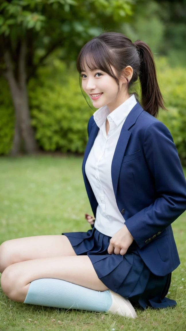 high detail、high quality、8K Photo、Anatomically perfect body、Japanese high school girls、One beautiful girl、smile、In uniform、(Brown blazer、Blue checked pleated skirt、Navy blue knee socks、Brown Loafers、ponytail、Double eyelids、White panties)、(Sitting on the grass、Raise your knees and sit with your buttocks on the ground1.5)、((Between the legs in detail、Thighs、between legs、the hem of the skirt rises、Absolutely front angle 1.5、Face the photographer、Angle from the ground1.5))