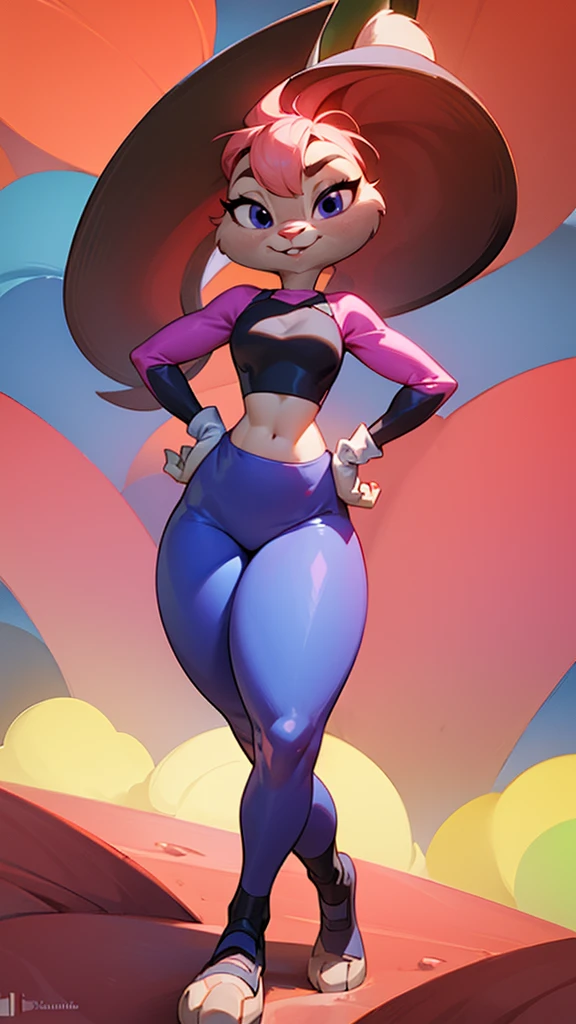 s a stylish anthropomorphic female squirrel with reddish-brown fur and bright blue eyes. She stands confidently with one hand on her hip, displaying a friendly and charming demeanor. Her wavy pink hair complements her vibrant look. She is dressed in a white crop top and tight purple pants, accentuating her figure. Surrounding her are colorful flowers in various shades of pink, orange, blue, and green, adding a whimsical and lively touch to the scene. The overall style is dynamic and cartoonish, creating a playful and engaging atmosphere.