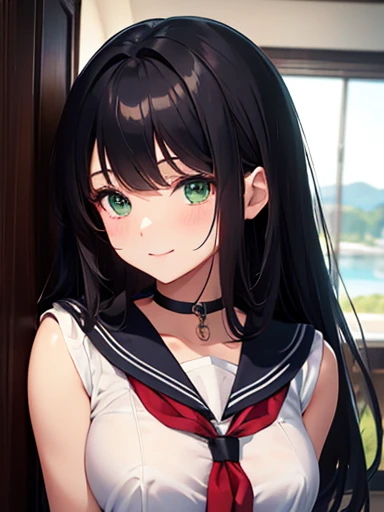 And soul、Coastal、sea breeze、wear a pleated skirt, Straight Bangs、Long black hair、pretty girl、Green Eyes、Choker to wrap around the neck、Masseter muscle area、Highest quality，Cinema Lighting，Detailed Background，Beautiful and fine details，Bright Eyes，（Very elegant and beautiful），（Beautifully detailed eye depiction），Super detailed，masterpiece，）），To the camera，High resolution，Super detailed），The face turned red，mouth，Primary school students（wear：Sailor suit，Black socks，）High quality upper body photo、smile, Vibrant colors、Upper body, Delicate depiction、Large breasts