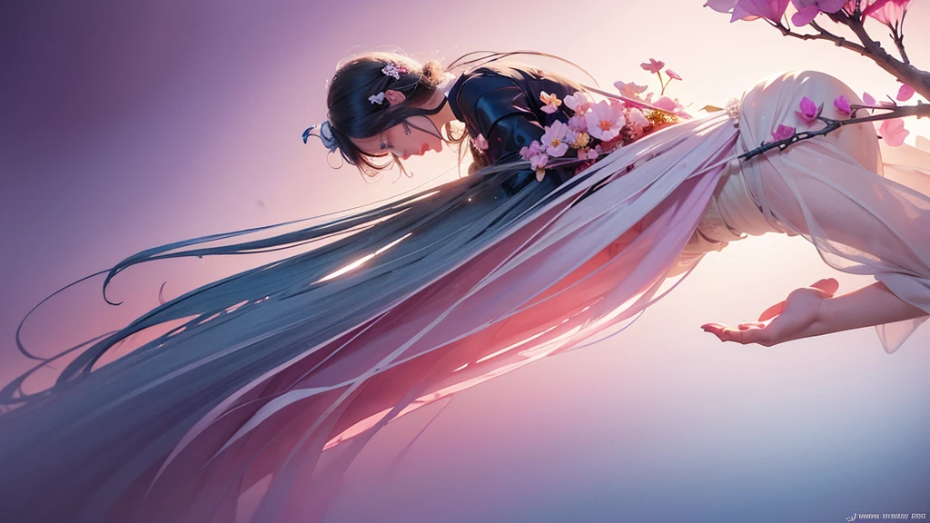 One girl,flower, Lisianthus ,Pale pinkと淡い青のスタイル, A dreamy, romantic piece, Pale pink, Mysterious Leaves, A playful arrangement,Fantasy, High Contrast, Ink strokes, explosion, Exposure, Impression of purple and red tones , Abstract, ((Watercolours by John Berkey and Jeremy Mann )) Brush strokes, Negative Space,