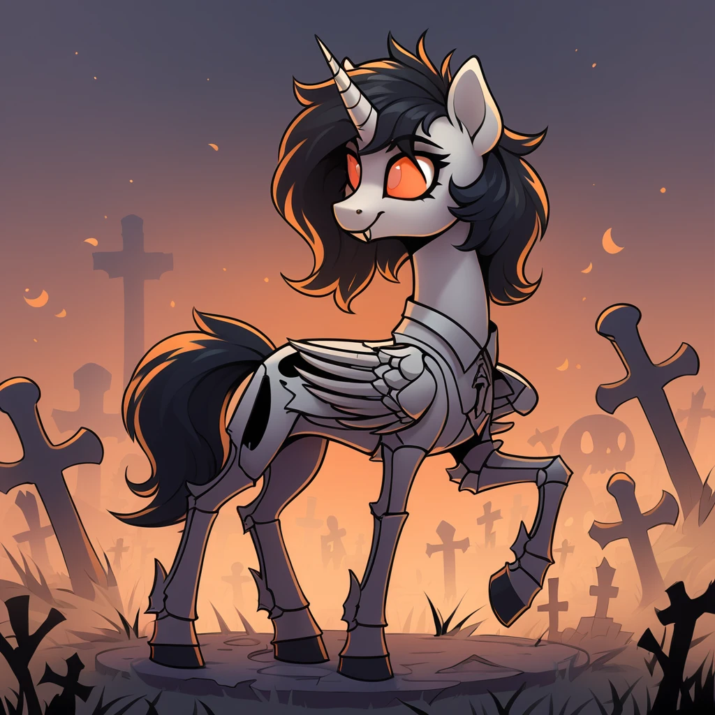 a pony with the bones on the outside in graveyard art style