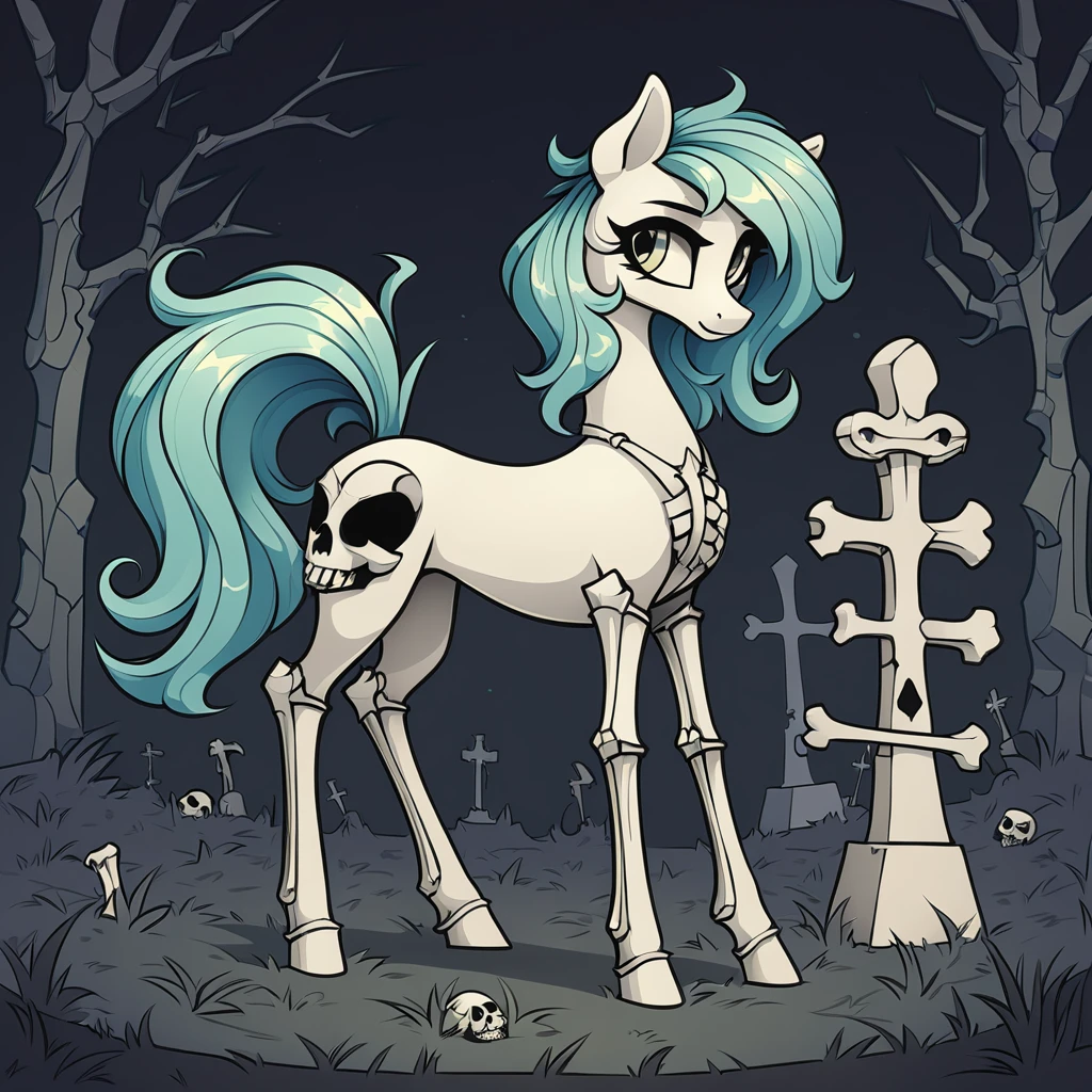 a pony with the bones on the outside in graveyard art style
