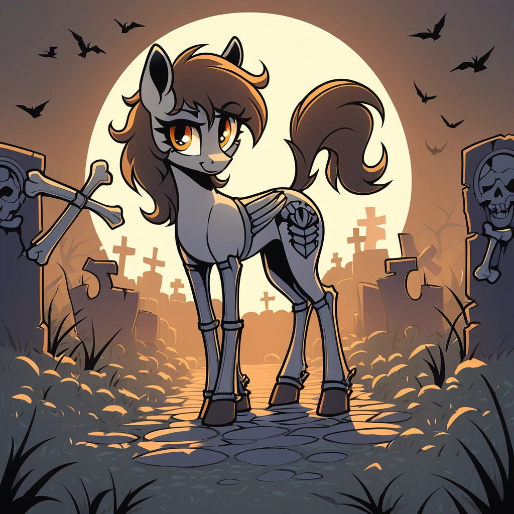 a pony with the bones on the outside in graveyard art style