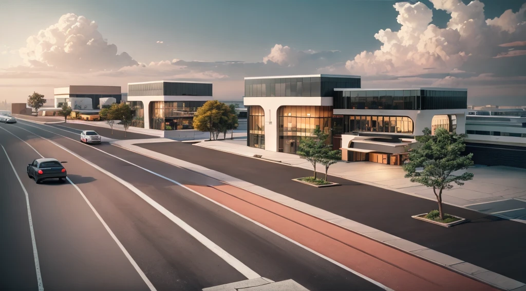 (((masterpiece))),((best quality)),outdoor,Commercial Area,Brilliant,lively,Warm atmosphere,Business Center,(Surrounded by greenery1:2),Asphalt road,Passing car,sidewalk,parking space,Award-winning design,Warm colors,Ask about the atmosphere