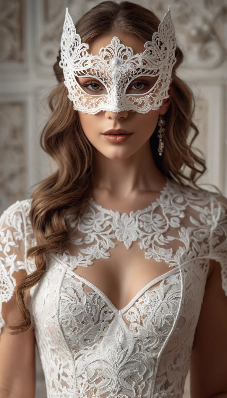 Woman in a sexy white lace dress, White lace masquerade mask, Detailed facial features, Beautiful Eyes, Perfect Skin, Elegant pose, Complex lace pattern, High Fashion Studio Lighting, Full Body Shot, Cinematic atmosphere, Warm and soft lighting, Realistic, 8K, masterpiece
