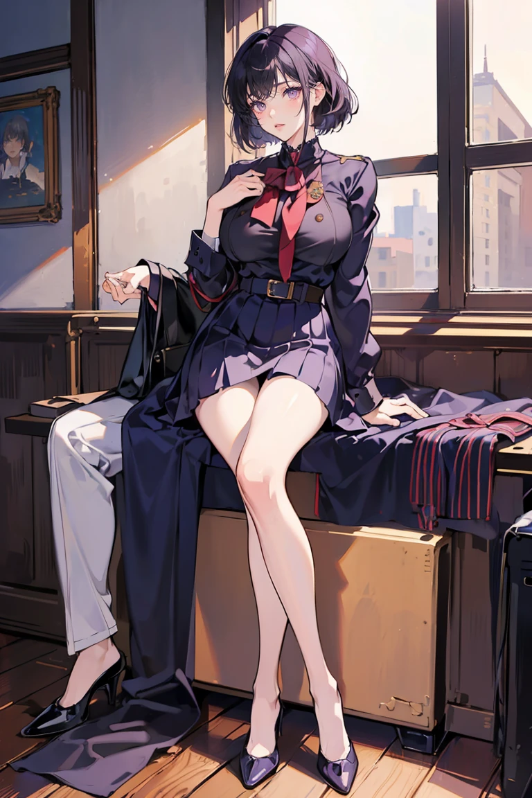 anime - (masterpiece), best quality, seductive eyes, cute face, dark purple eyes, short dark hair, high-school uniform , high-heels, tall woman, long legs, adult-like female, 1girl, big breast, school background
