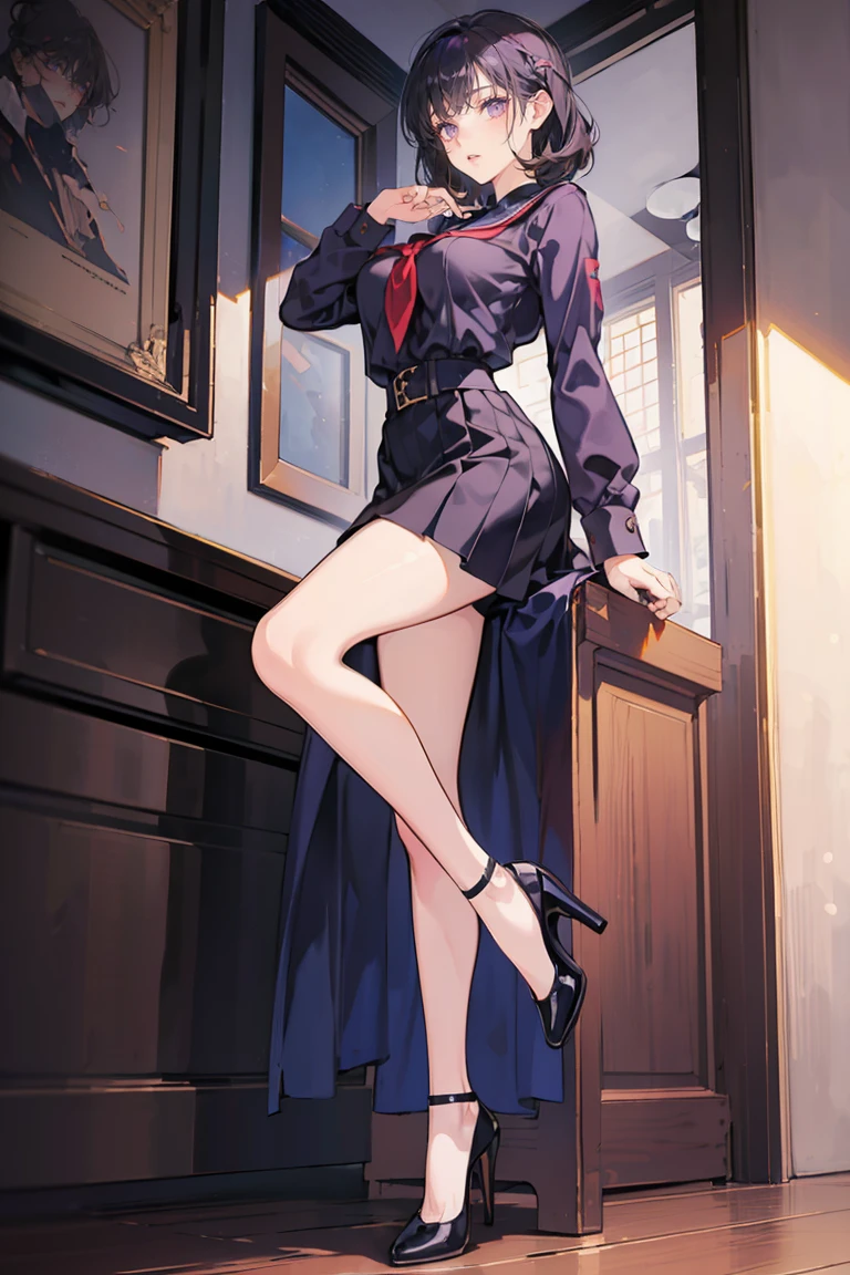 anime - (masterpiece), best quality, seductive eyes, cute face, dark purple eyes, short dark hair, high-school uniform , high-heels, tall woman, long legs, adult-like female, 1girl, big breast, school background