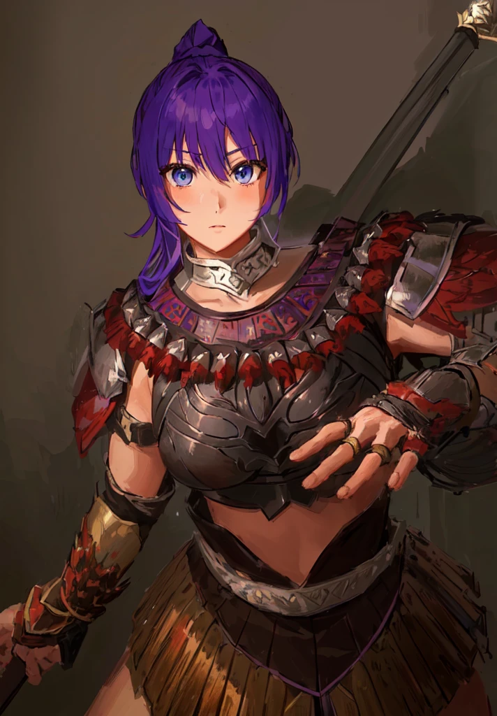 Wearing armor、Anime image of a woman holding a spear, Armor Girl, With scaly armor, Purple Armor, wearing monster hunter armor, A very beautiful berserker woman,Anime Art,Three Kingdoms志,Three Kingdoms。big boods,big ,huge ,sex body,Purple Hair,Blue Eyes,Black Leather,Brown skin,dark skin,