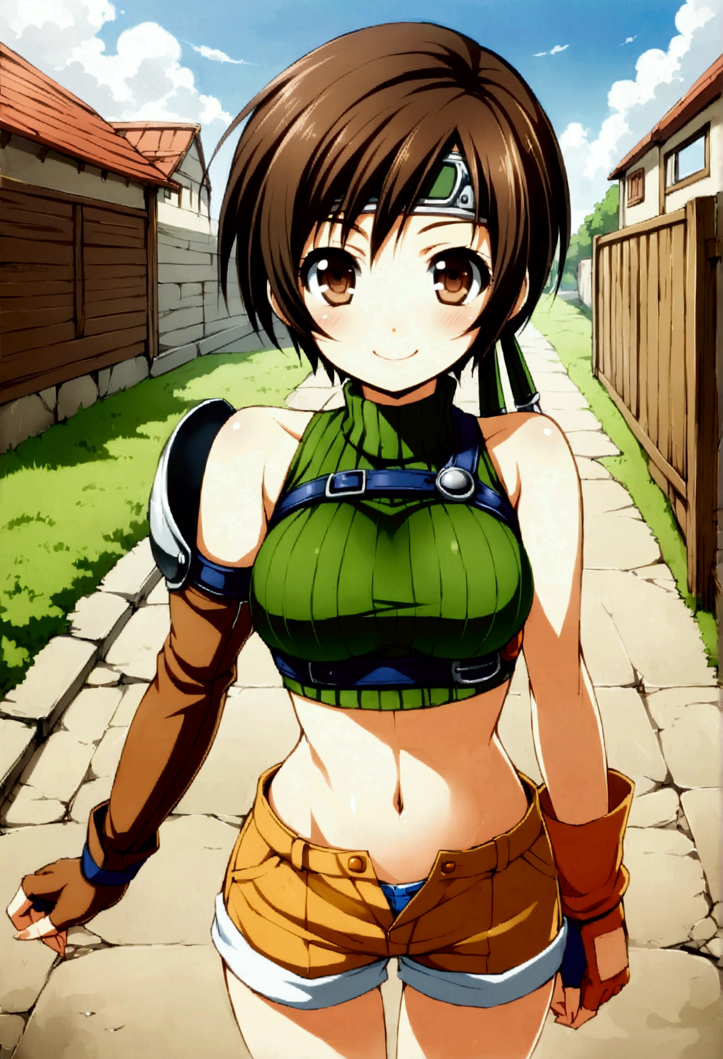 score_9, score_8_up, score_7_up,,BREAK ,source_anime ,from above,front view,front angle,,standing,contrapost,upperbody,,straight-on,Solo,1girl, yuffie kisaragi, final fantasy,,short hair,headband,navel,sleeveless,turtleneck,brown eyes,sleeveless turtleneck,solo,breasts,looking at viewer,smile,gloves,crop top,brown hair,shorts,midriff,sweater,open fly,fingerless gloves,ribbed sweater,medium breasts,,beautiful waist ,,smile,selfie,,daytime,outdoor,ultra detailed,best quality,aesthetic,very aesthetic,anime style,(mid:1.2)　　