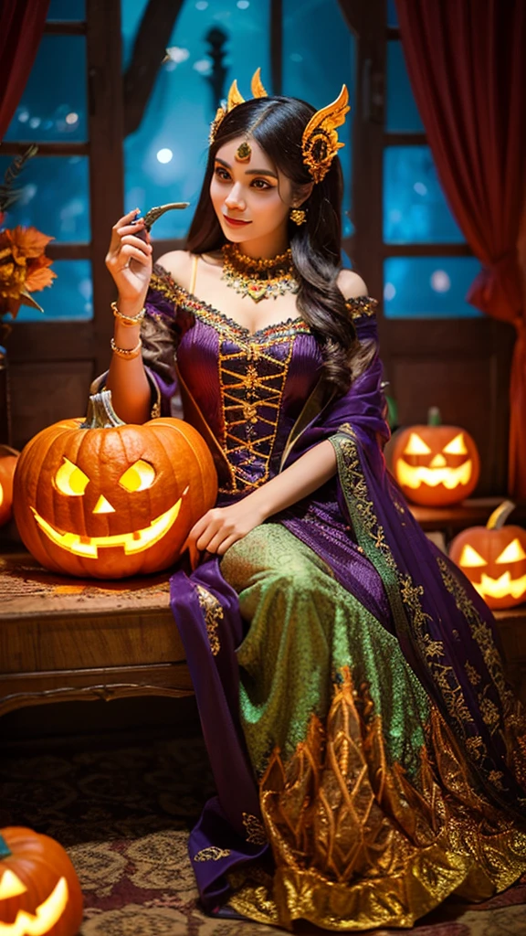 A stunning Halloween costume for a female character, featuring a meticulously crafted full-body ensemble. The costume showcases intricate details, vibrant colors, and an eye-catching design. The character is depicted sitting gracefully, holding a beautifully carved pumpkin lantern that emits a warm and inviting glow. The costume exudes a perfect blend of spooky and enchanting elements.