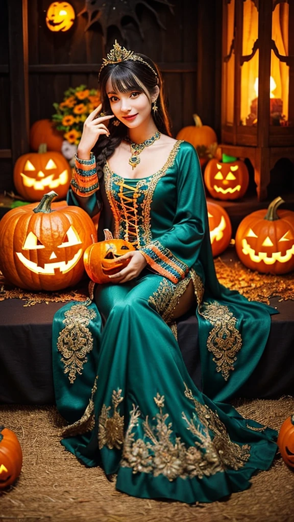 A stunning Halloween costume for a female character, featuring a meticulously crafted full-body ensemble. The costume showcases intricate details, vibrant colors, and an eye-catching design. The character is depicted sitting gracefully, holding a beautifully carved pumpkin lantern that emits a warm and inviting glow. The costume exudes a perfect blend of spooky and enchanting elements.