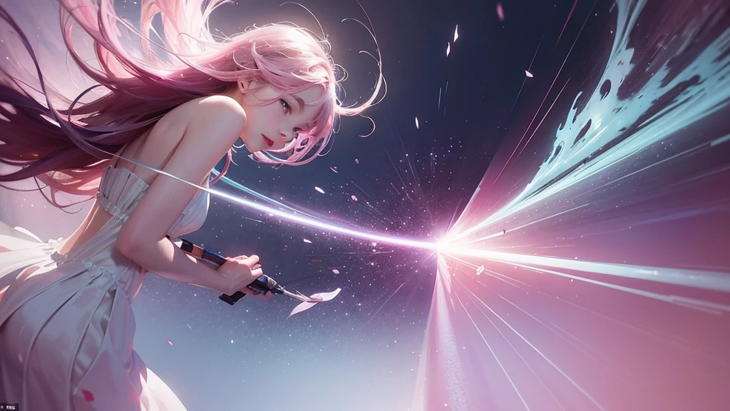 One girl,flower, Lisianthus ,Pale pinkと淡い青のスタイル, A dreamy, romantic piece, Pale pink, Mysterious Leaves, A playful arrangement,Fantasy, High Contrast, Ink strokes, explosion, Exposure, Impression of purple and red tones , Abstract, ((Watercolours by John Berkey and Jeremy Mann )) Brush strokes, Negative Space,