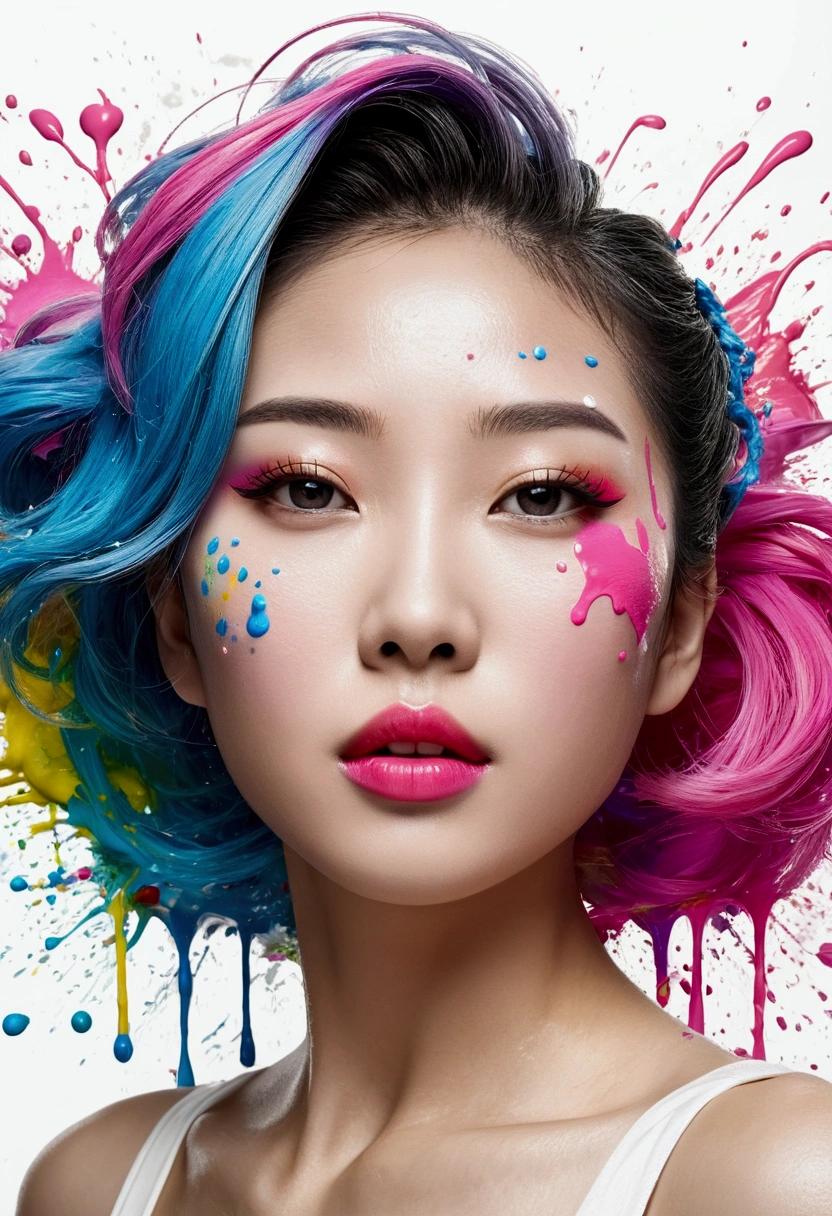 (masterpiece, Highest quality, High resolution), White Background, ((Paint splashes, Color Splash, Ink splash, Color Splash)), Kind Chinese girl, Rainbow Hair, Pink Lips, front,Downtown Shanghai、Digital Cities、Near future upper body