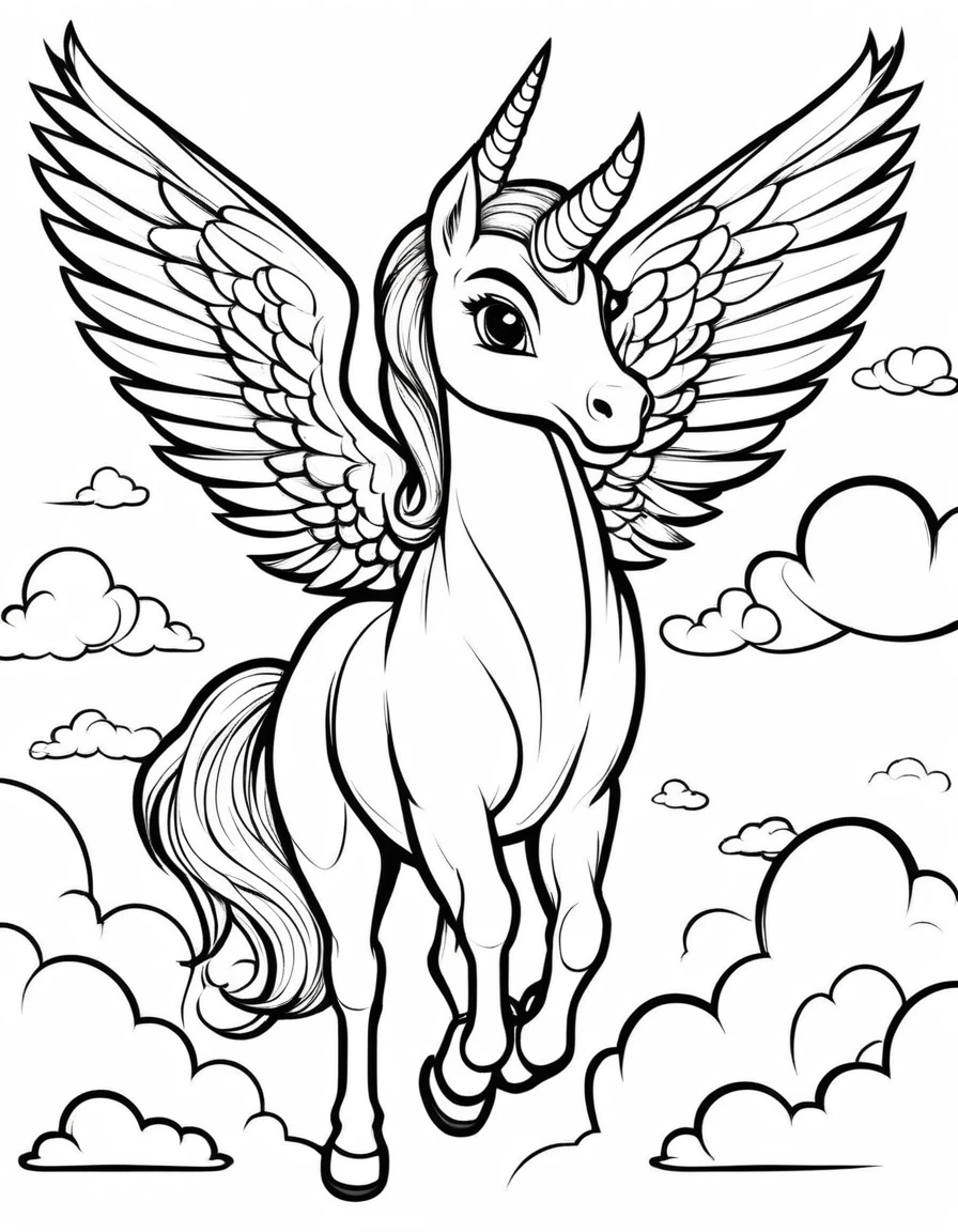 beautiful Unicon, adult, Fantasy,, ดวงตาNo color, have wings, Coloring pages for , be happy, Fly in the sky, Behind is a cloud., vector art, simple, 2D vector, black lines white background, For beginners, Vector illustration, Pencil strokes, No color, drawing coloring, white background, Pixar style, black and white, composition 2/4