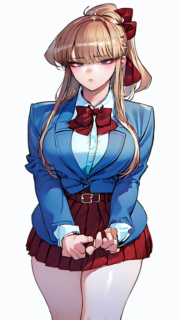 ((Masterpiece)), (Best Quality:1.7), (detailed:1.4), (high resolution:1.4), 8k, (showy:1.5), high resolutionolution, sharp image, 4k, High Definition, (beautiful detailed background:1.2), (beautiful lighting:1.2), (highly detailed:1.2), perfect lighting, (8K Wallpaper:1.2), (highly detailed:1.2), (extremely detailed CG:1.2), ((((Only very long blonde hair ponytail with a red ribbon.)))), (((bunker))), (((busty))), curvy figure, (((light blue eyes))), (school girl costume), (black jacket and snug white sweater and short flowing black pleated skirt with belt and tight black stocking leggings), maduro, older, human adult, short, whole body